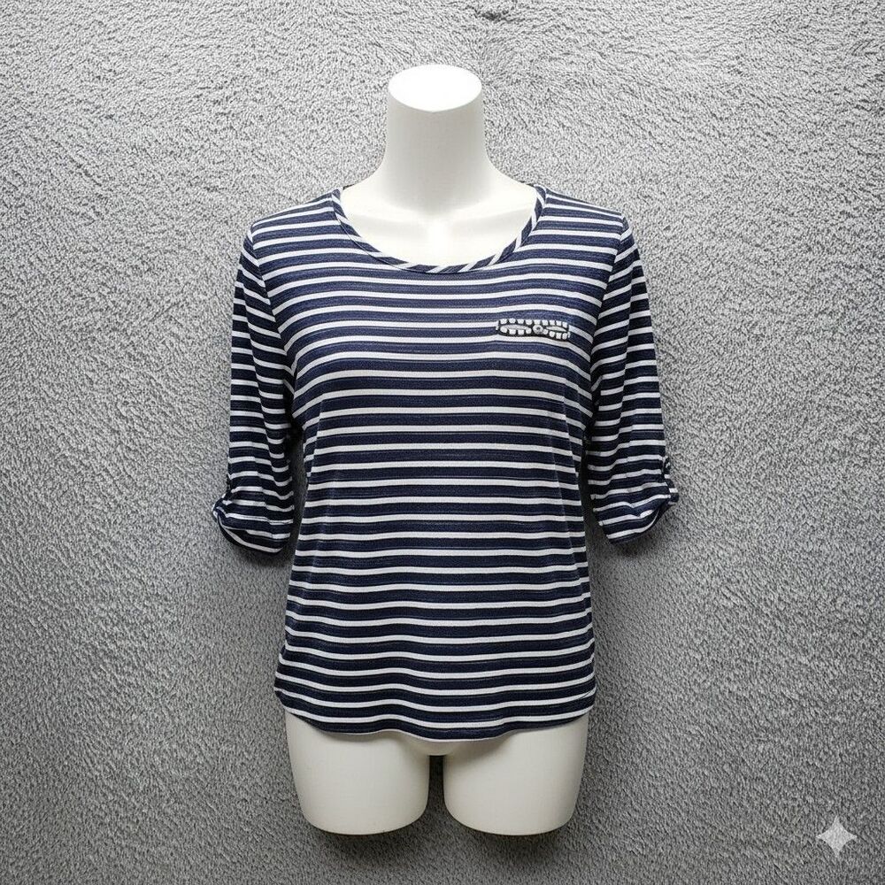 ​Croft & Barrow L Blue White Striped 3/4 Sleeve Top Bow Pocket Boatneck Nautical